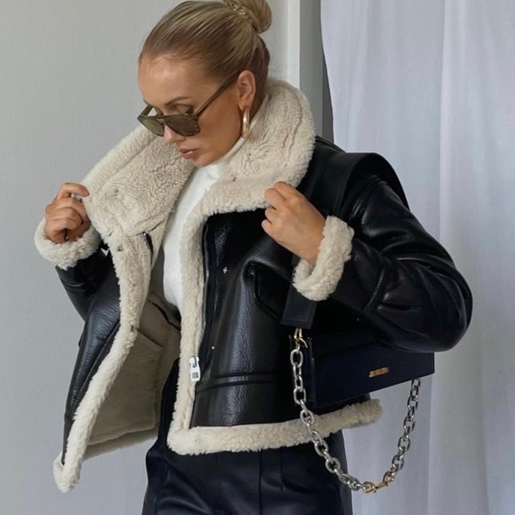 ❌SOLD❌🔥NWT ZARA Blogger's Fav Faux Leather Fleece Collar Jacket - Picture 5 of 17